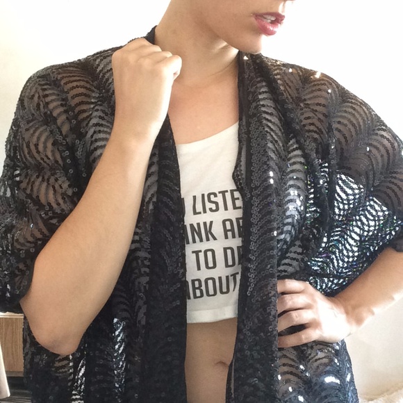 Amazing Vintage Black Sequin Kimono Jacket OS - Picture 3 of 4